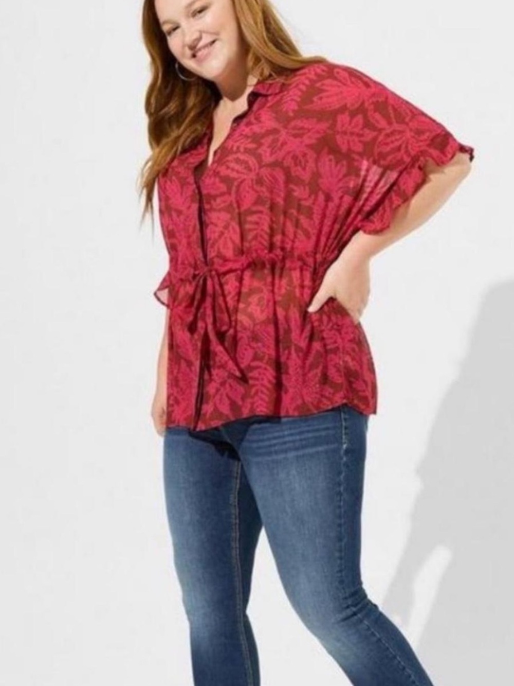 Torrid Red Leaf Print Chiffon Dolman Button-Up Blouse